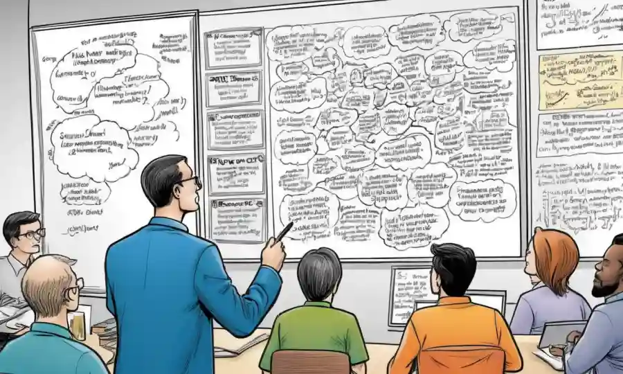 Un investigador lingüístico destacando diversas palabras en una pizarra para la uniformidad.