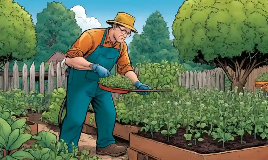 Un jardinero inspeccionando plantas con esclerotia visible y un jardín en el fondo.