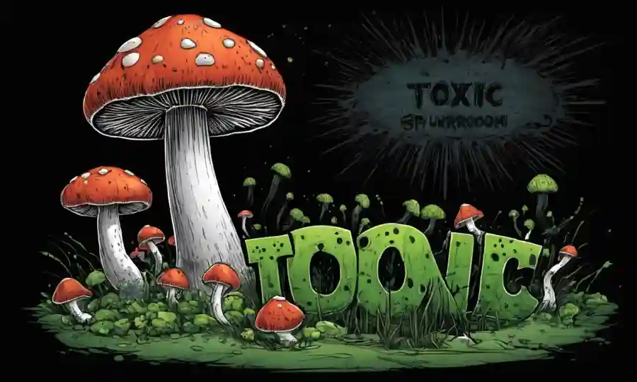 Una cuchara de hongos tóxicos que se propaga en un fondo negro con texto de advertencia médica.