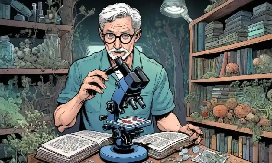 Una persona que sostiene un microscopio, rodeado de libros médicos e ilustraciones de crecimiento fúngico.