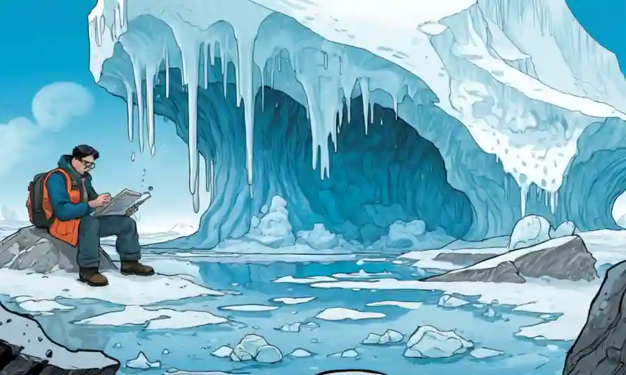 Un científico estudiando muestras fúngicas cerca de un iceberg derretido.