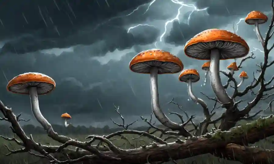 Fungi creciendo en ramas en medio del tiempo tormentoso.