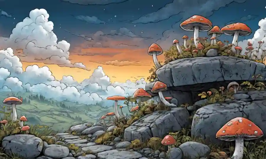 Fungi creciendo entre piedras templadas entre nubes de cambio atmosférico.
