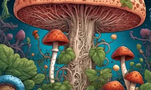 Ilustración del sistema digestivo con un hongo creciendo dentro