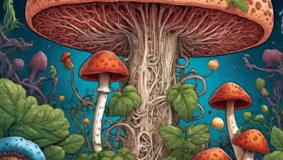 Ilustración del sistema digestivo con un hongo creciendo dentro