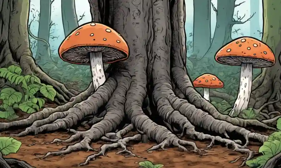 Fungi creciendo sobre las raíces de los árboles en un ecosistema forestal con un fondo incierto.