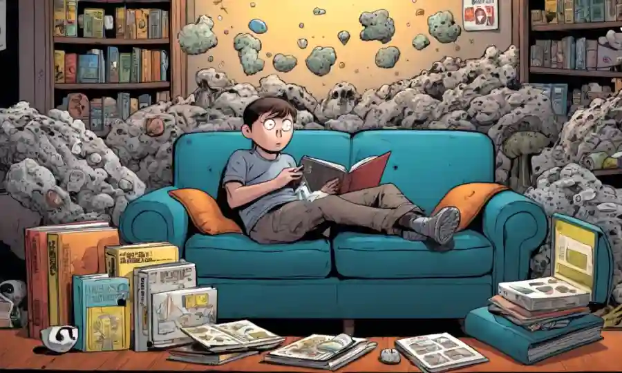 Persona sentada en un sofá rodeada de libros médicos e iconos de preocupación, con crecimientos fúngicos en el fondo.