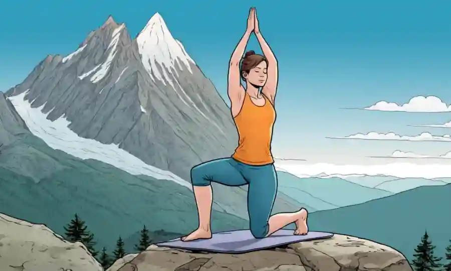Una persona haciendo yoga en un fondo de montaña con un toque sutil de hongos o equipos médicos.