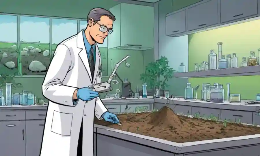 Un científico ajustando una muestra de suelo en un entorno de laboratorio con crecimiento fúngico en el fondo.