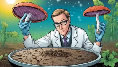 Científico sosteniendo un plato Petri con hongos creciendo bajo diferentes condiciones de pH del suelo.