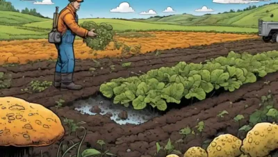 Farmer inspecting crops surrounded by fungi in a contaminated soil environment.