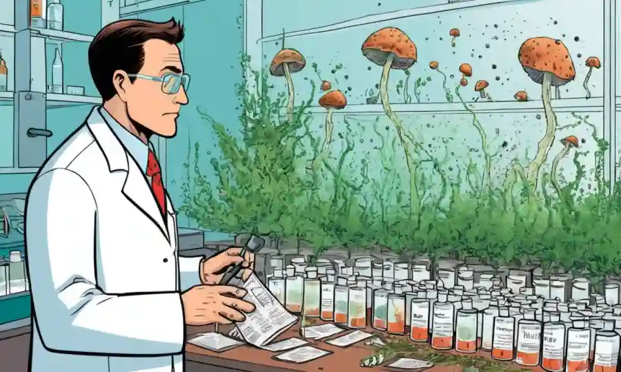 Un científico de pie cerca de muestras fúngicas y pesticidas en un laboratorio, con gráficos que muestran impacto ambiental.