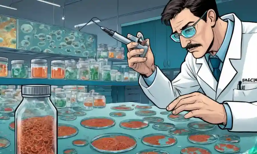 Científico que examina los platos petri que contienen culturas fúngicas bajo microscopio, con pesticidas e ilustraciones en el fondo.