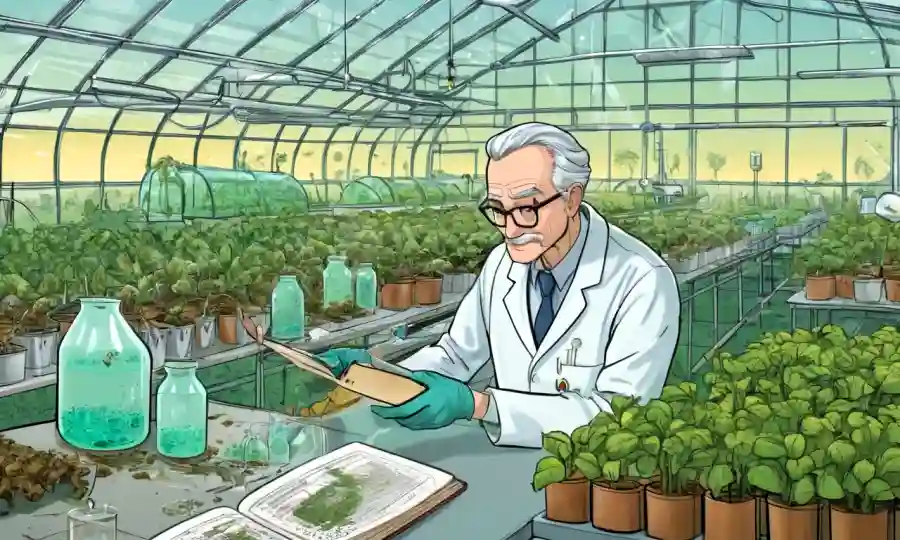 Científico que estudia muestras fúngicas en un laboratorio con antecedentes de invernaderos y campos.