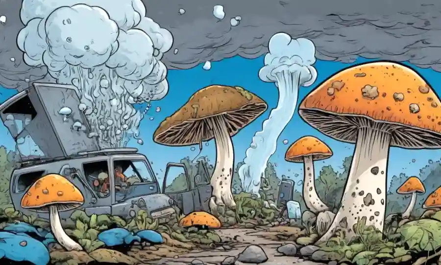 Una ilustración de hongos con símbolos de contaminación siendo filtrado por iconos de acción.