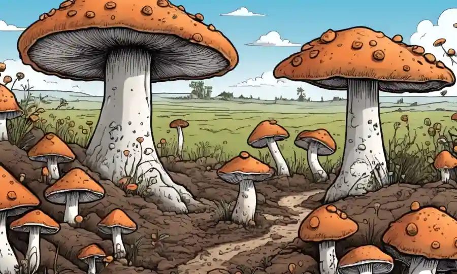 Un paisaje de suelo contaminado con hongos, destacando los riesgos y consecuencias para la diversidad fúngica.
