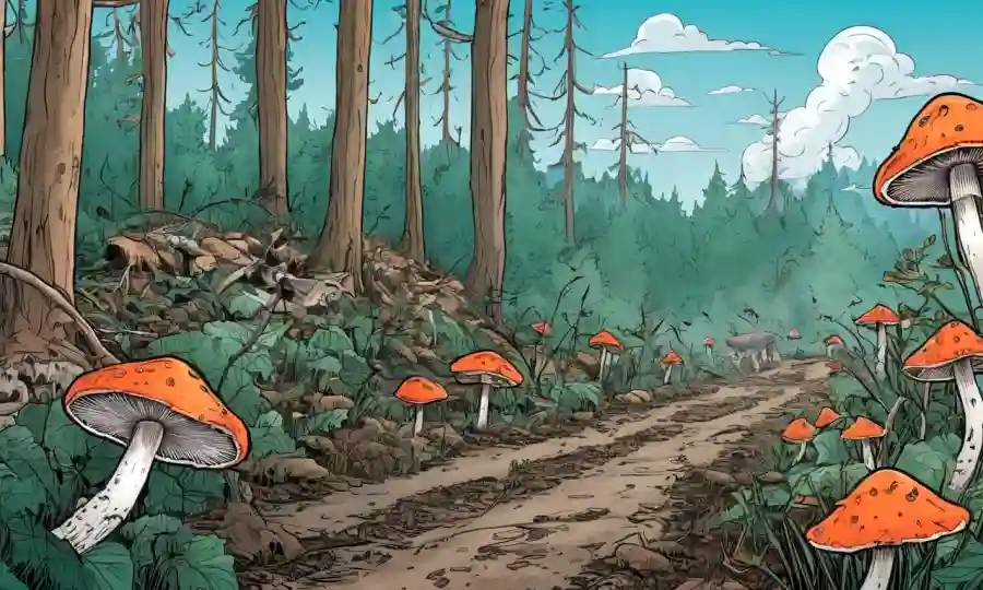 Setas silvestres creciendo en medio de la contaminación y árboles en un bosque, con flechas destacando los efectos negativos.