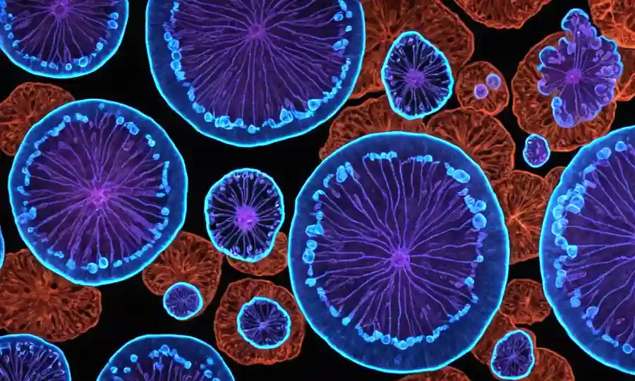 Células microscópicas de hongos iluminadas por luz UV en medio de notas de plato petri. (Nota: Asumí que el título estaba en español y proporcionó una traducción en inglés)