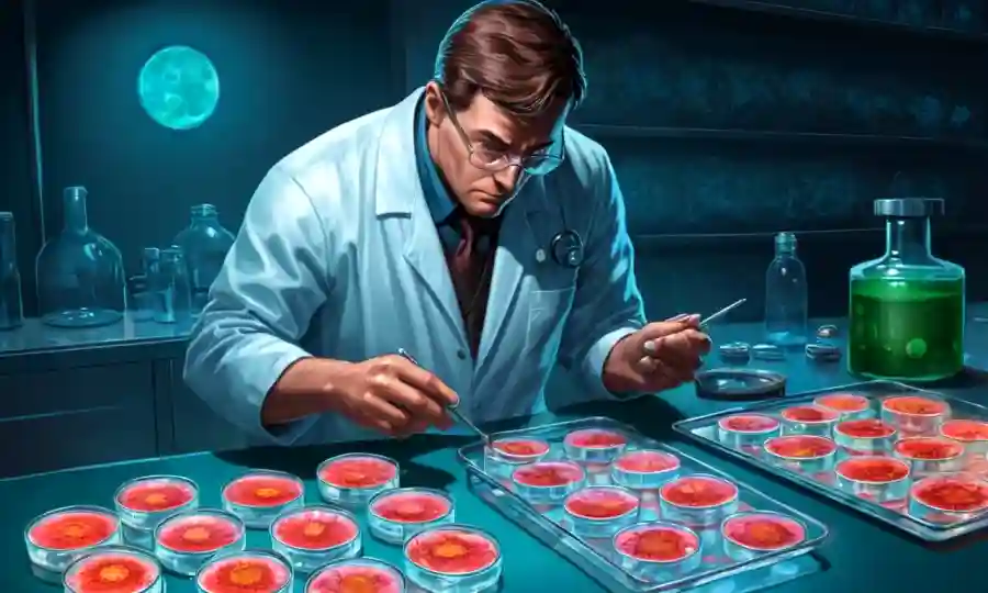 Científico examinando platos petri con diversos crecimientos fúngicos bajo diferentes condiciones de iluminación.