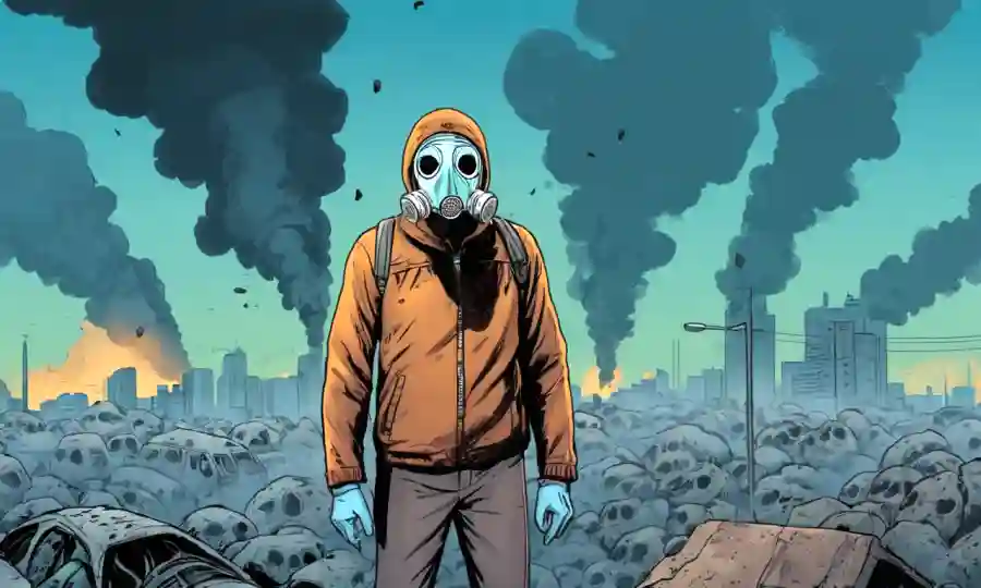 Una persona que llevaba una máscara de pie cerca de un fondo de aire contaminado con pulmones afectados por infección fúngica.