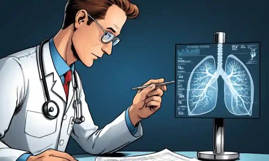 Un profesional médico que examina una radiografía con gráficos y gráficos sobre problemas de salud de los pulmones.