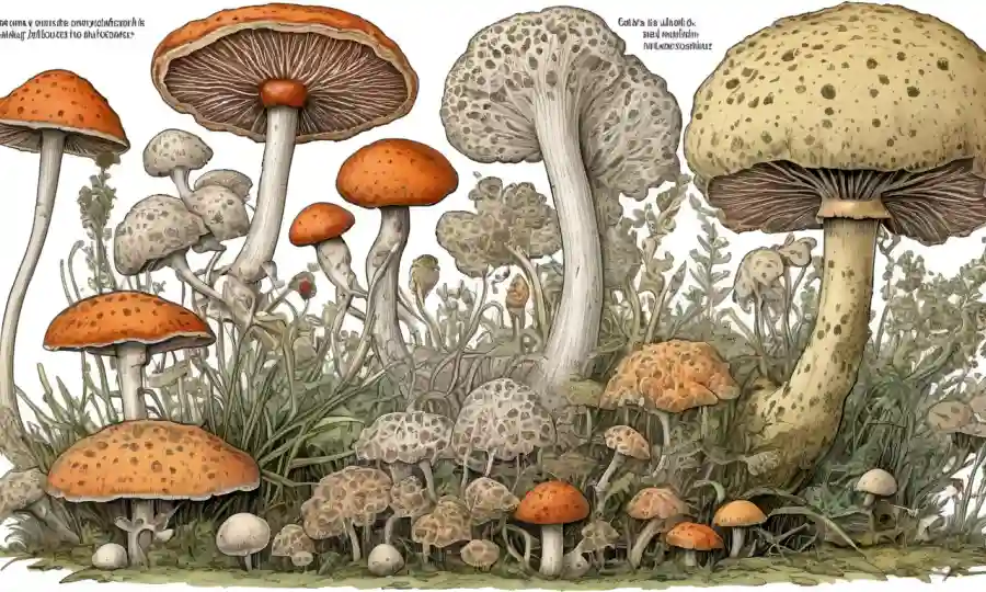 Ilustraciones científicas y especímenes hongos con detalles de morfología.