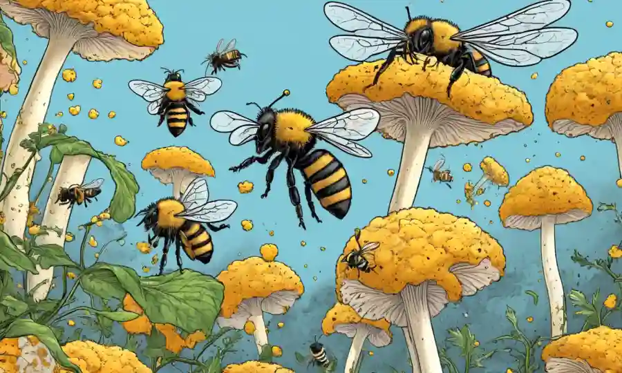 Fungal mycelium interacting with bee-collected pollen on plant petals.