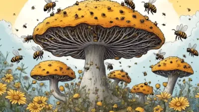 Una estructura fúngica rodeada de abejas coleccionando polen de flores.