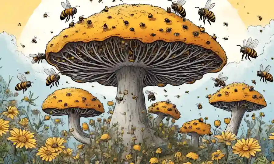 Una estructura fúngica rodeada de abejas coleccionando polen de flores.