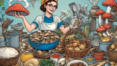 Una persona que sostiene una cesta de setas en medio de diversos utensilios de cocina e ingredientes.