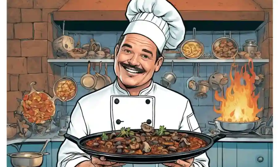 Un chef sosteniendo un sabroso plato de asado con hongos saltados.