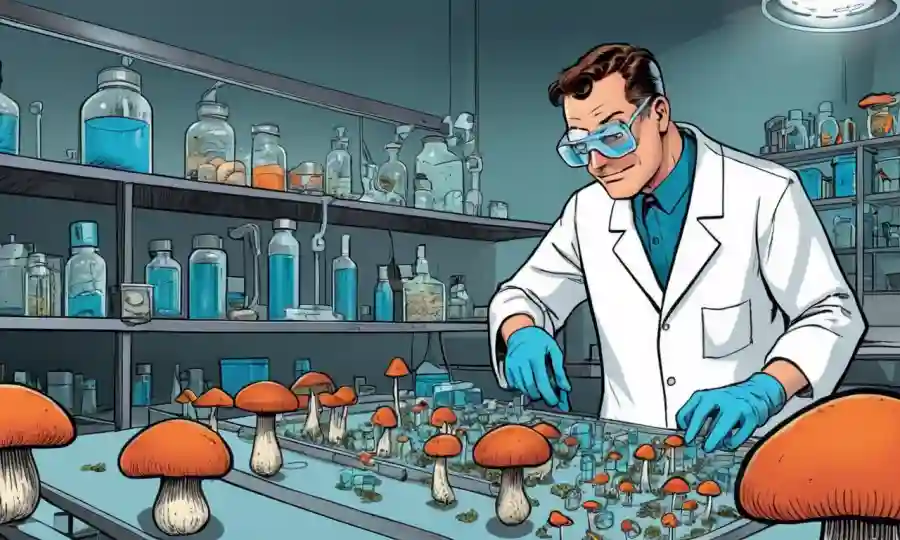 Un científico que examina hongos en un laboratorio, rodeado de equipos de seguridad.