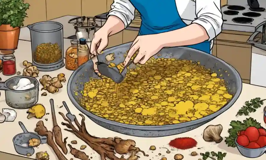Ingredientes de hongos mezclados y preparados en una superficie de cocina.