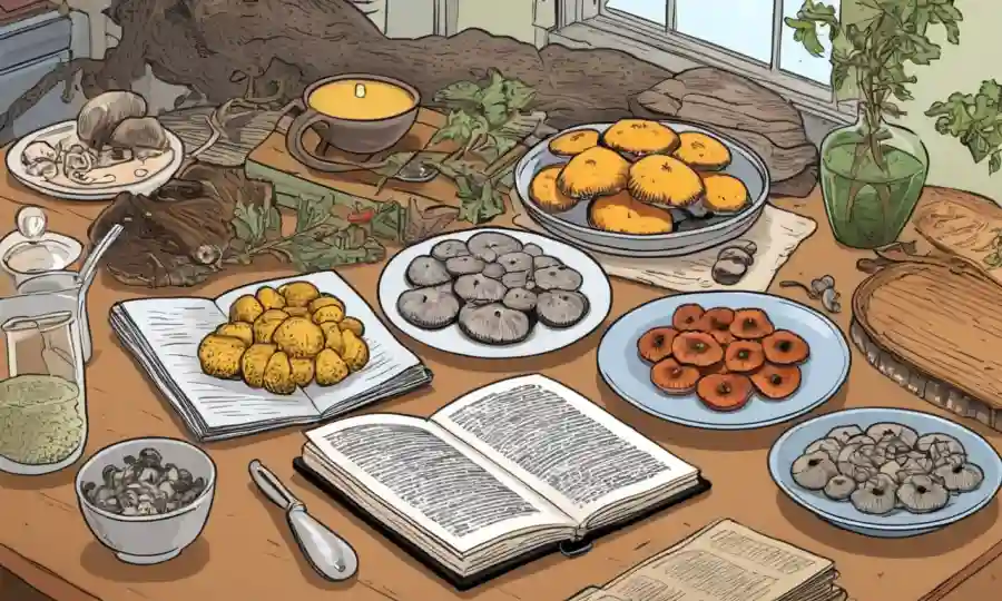 Varios tipos de hongos mostrados en una mesa junto a un cuaderno o utensilios.