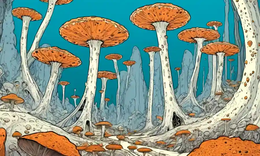 Un gráfico científico que muestra el impacto de las sequías en las esporas de hongos, superpuesto con formas futuristas abstractas.