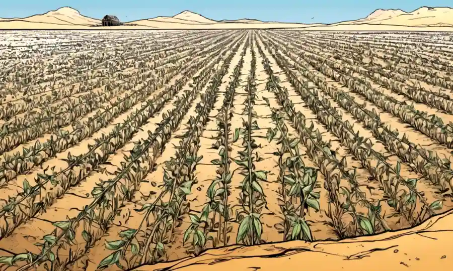 Un paisaje estéril con cultivos fundidos afectados por daños causados por la sequía.