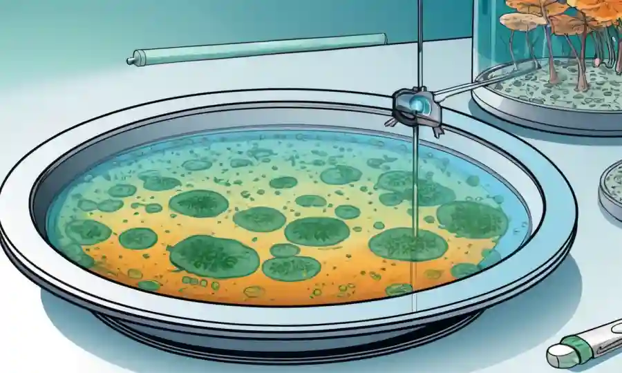 Fungi creciendo en un plato de petri con deslizadores de temperatura variada o termómetros cercanos.