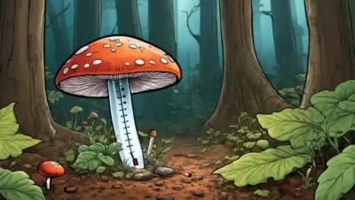 Un hongo creciendo cerca de un termómetro en un suelo forestal.