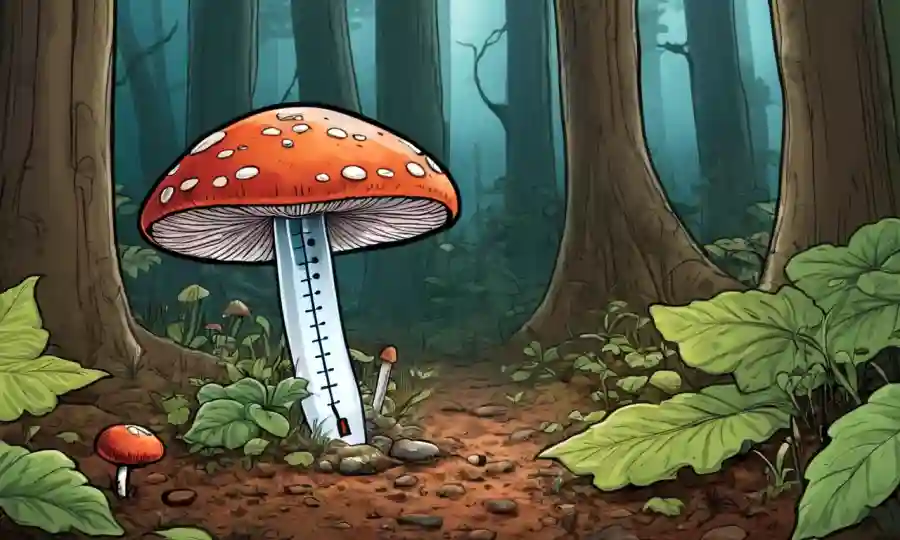 Un hongo creciendo cerca de un termómetro en un suelo forestal.