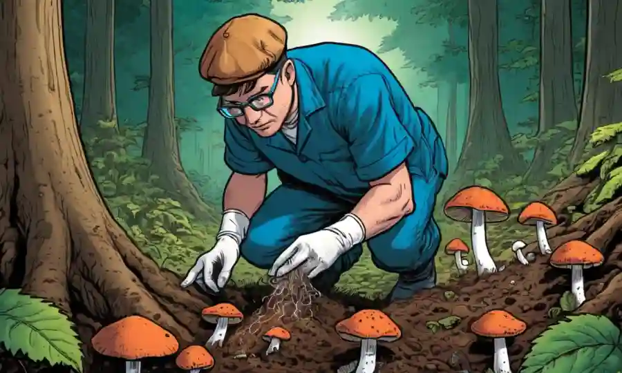 Un científico que examina muestras de suelo bajo el crecimiento de hongos en un bosque.