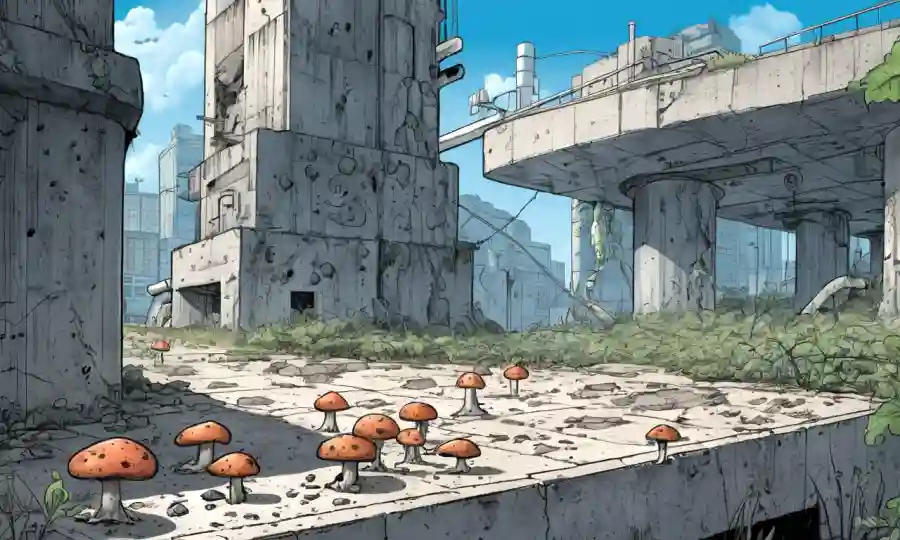 Microscopio capturando redes fúngicas en medio de estructuras de hormigón en un paisaje urbano.