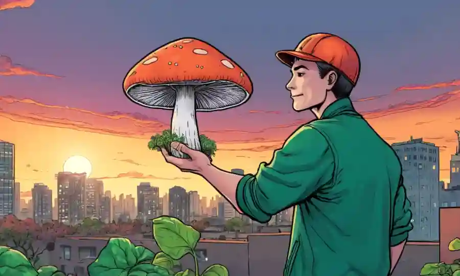 Una persona que sostiene un hongo en un espacio verde urbano en medio del paisaje urbano al atardecer.