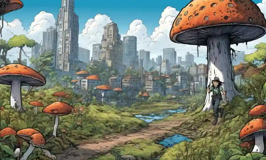 Paisaje urbano invadiendo ecosistemas fungosos y hábitats naturales con personas a distancia.