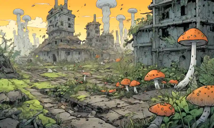 Paisaje polémico de la ciudad con hongos en ruinas.