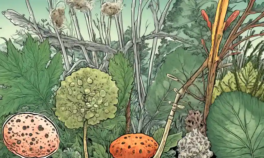 Imagen de cerca de varias enfermedades vegetales causadas por hongos, con flechas resaltando síntomas.