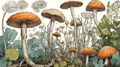 Crecimiento fúngico en una planta enferma junto a diagramas e ilustraciones botánicas.