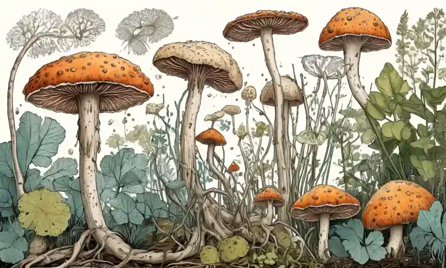 Crecimiento fúngico en una planta enferma junto a diagramas e ilustraciones botánicas.