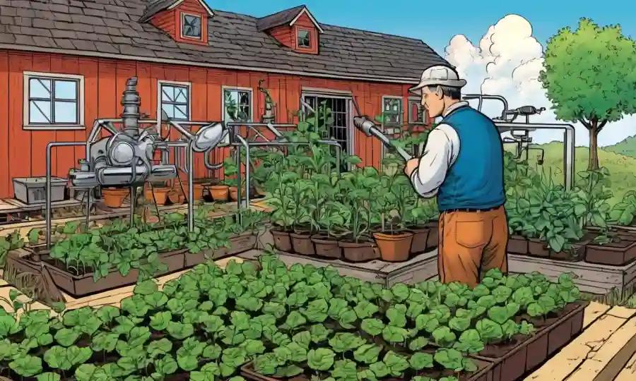Un agricultor observa crecimiento de planta al aire libre con equipo de laboratorio cerca.
