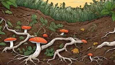 Fungi y raíces vegetales conectados en ilustraciones de suelo que rodean datos relacionados con la biodiversidad.
