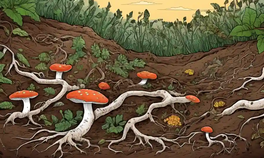Fungi y raíces vegetales conectados en ilustraciones de suelo que rodean datos relacionados con la biodiversidad.